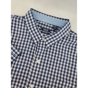 IZOD Shirt XXL Non-Iron Stretch Blue Plaid Button‎ Short Sleeves Casual
